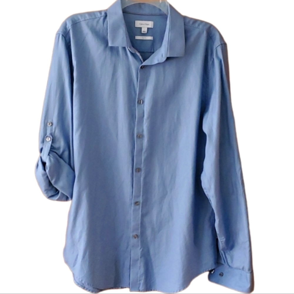 Calvin Klein Mens Blue Roll Tab Long‎ Sleeve Buttondown Shirt Size Large